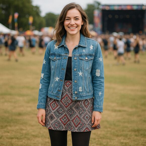 Style Me Distressed Denim Jacket Women's Size ( S ), Embroidered Stars #BH - Picture 1 of 6